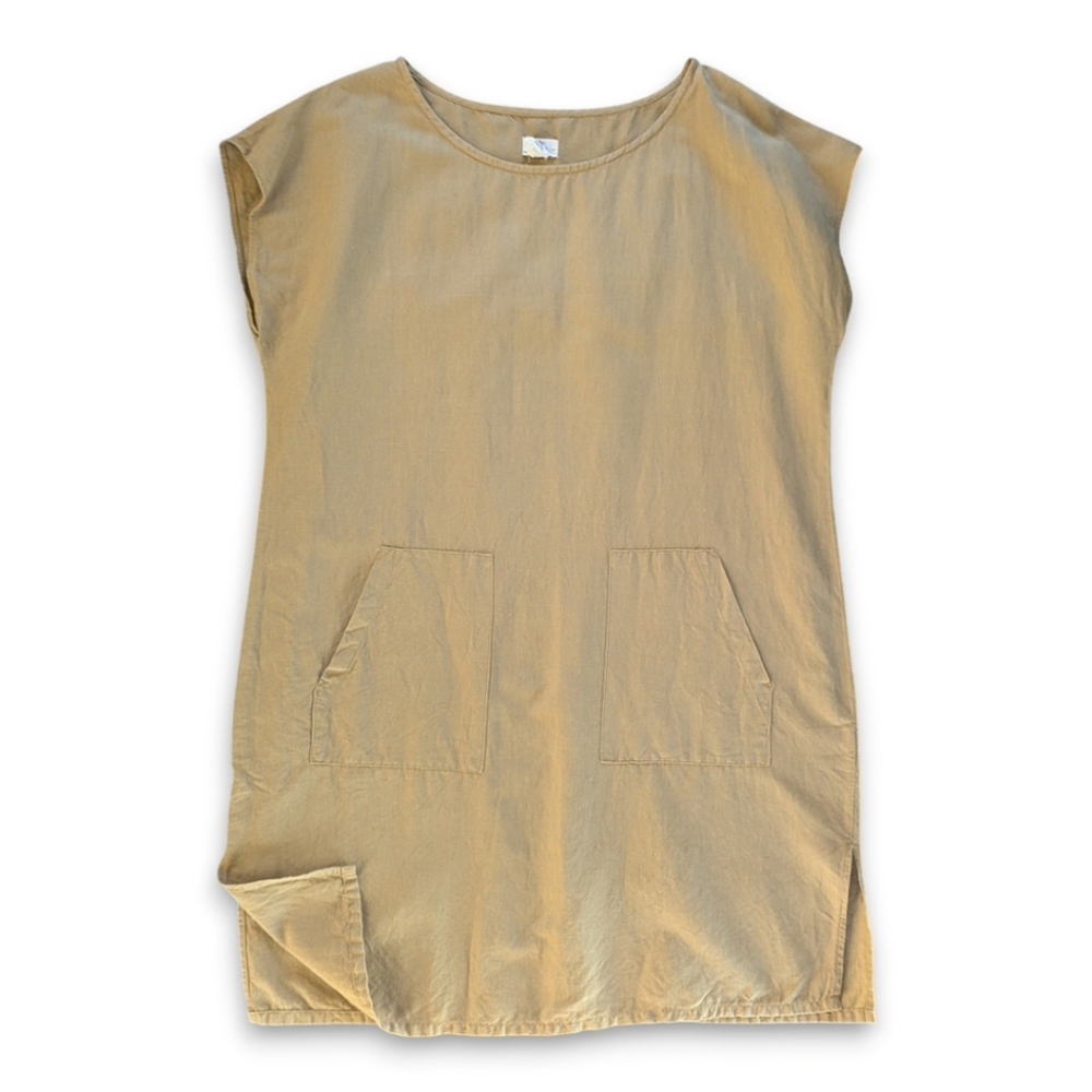 Dr. FLAX European Washed 100% Linen Kangaroo Pocket Shift Dress Sz L / XL Tan